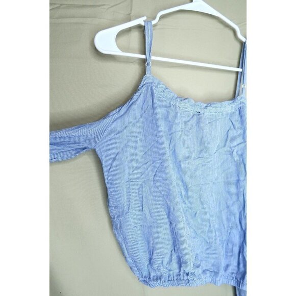 NWT Kendall & Kylie Shirt Cropped Blue White Vertically Striped Womens Small - Picture 7 of 12